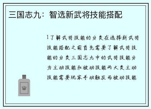 三国志九：智选新武将技能搭配